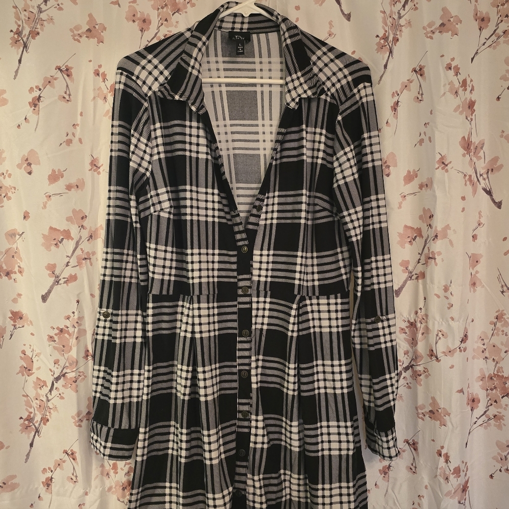 Black and White Plaid Button-Up Dress